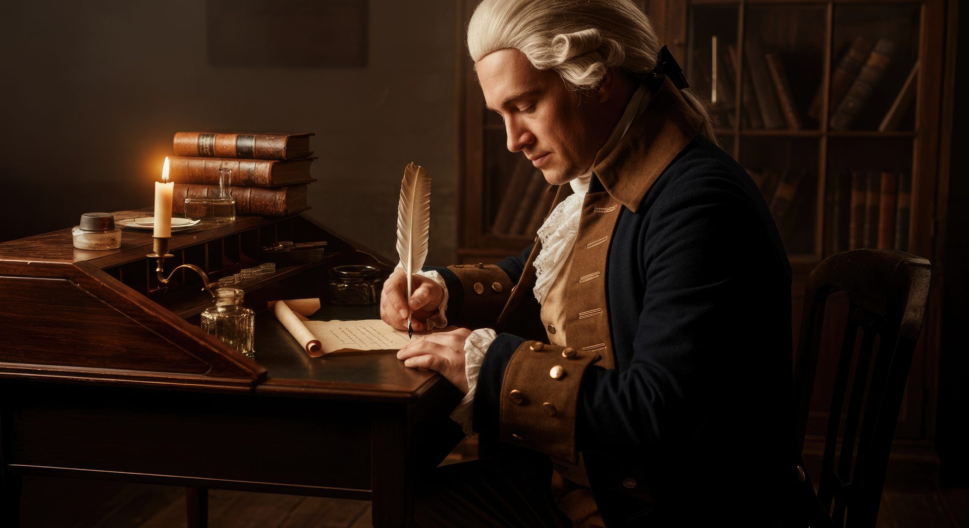 historical figure writing with quill at desk by candlelight