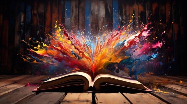 vecteezy an open book on a wooden table with a fairy light coming out 26305816