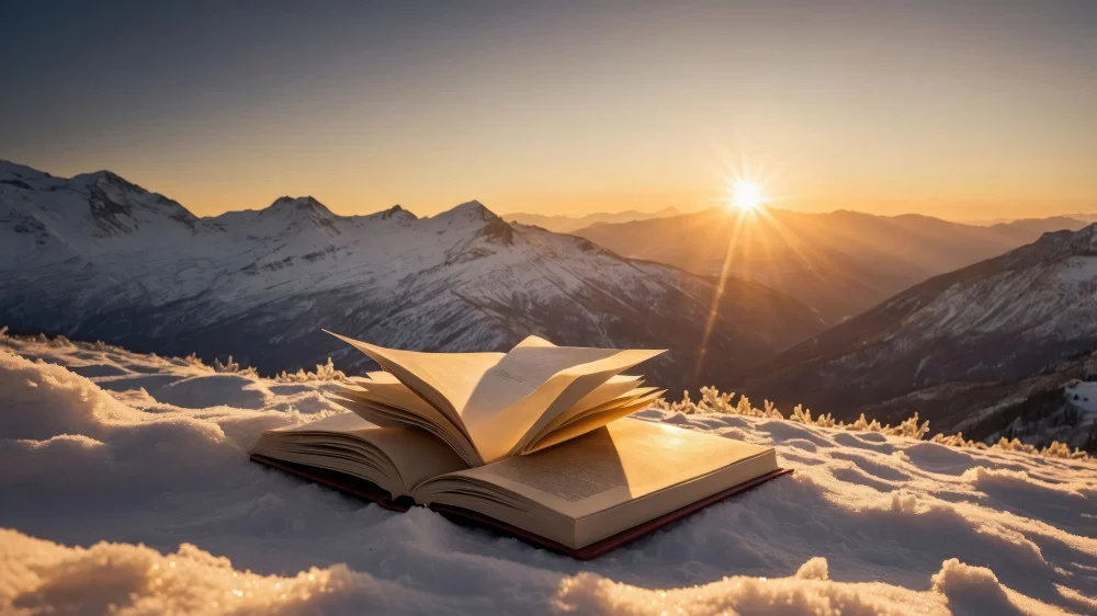 vecteezy an open book rests on snow illuminated by a sunrise over 54501446