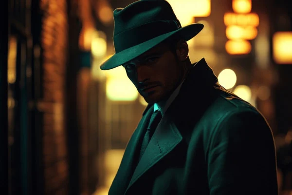 vecteezy silhouette of man in hat and coat standing in dark city street 55313505